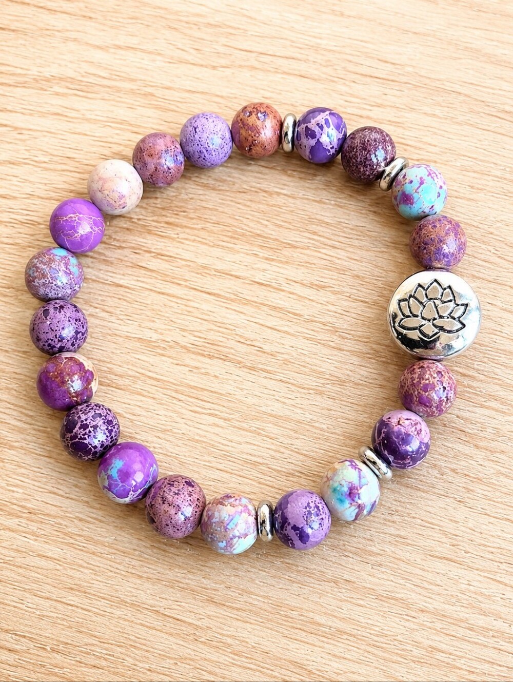 Imperial Sea Sediment Jasper Beaded Stretch Bracelet w/ Lotus Accent | Handmade